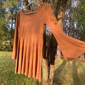Women's Brown and Tan Bell Sleeve Mini Swing Dress Size Medium